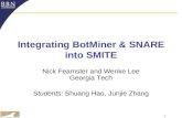 1 Integrating BotMiner & SNARE into SMITE Nick Feamster and Wenke Lee Georgia Tech Students: Shuang Hao, Junjie Zhang.