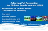 Www.swansea.ac.uk Achieving Full Recognition - the Diploma Supplement and HEAR British Council and UK NARIC Seminar 17 November 2010, Shrewsbury Huw Morris.