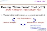 Boeing Value Front Tool (VFT) Multi-Attribute Trade Study Tool A Phantom Works System Assessment team effort Mark Schankman Phantom Works Affordability.