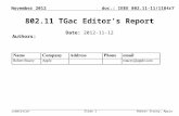 Doc.: IEEE 802.11-11/1184r7 Submission November 2012 Robert Stacey, AppleSlide 1 802.11 TGac Editors Report Date: 2012-11-12 Authors: