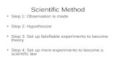 Scientific Method Step 1: Observation is made Step 2: Hypothesize Step 3: Set up falsifiable experiments to become theory Step 4: Set up more experiments.