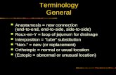 Terminology General Anastamosis = new connection (end-to-end, end-to-side, side-to-side) Roux-en-Y = loop of jejunum for drainage Interposition = tube.