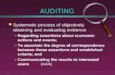 AUDITING l Systematic process of objectively obtaining and evaluating evidence »Regarding assertions about economic actions and events; »To ascertain the.