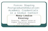 Forces Shaping PostgraduateEducation: Academic Credentials in a Global Context Mary-Louise Kearney Director, UNESCO Forum on Higher Education Research.