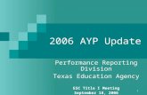 1 2006 AYP Update Performance Reporting Division Texas Education Agency ESC Title I Meeting September 18, 2006.