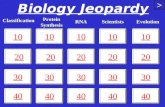 Biology Jeopardy 10 20 30 40 10 20 30 40 10 20 30 40 >>>> 10 20 30Classification Protein Synthesis ScientistsRNA 10 20 30 40Evolution.