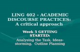 LING 402 - ACADEMIC DISCOURSE PRACTICES: A critical approach Week 5 GETTING STARTED: Analysing the Task, Ideas-storming, Outline Planning.