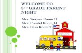 W ELCOME TO 3 RD G RADE P ARENT N IGHT Mrs. Werner Room 11 Mrs. Prestel Room 14 Mrs. Bass Room 21.