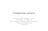 Telephone system Structure of the Telephone System The Politics of Telephones The Local Loop: Modems, ADSL and Wireless Trunks and Multiplexing Switching.
