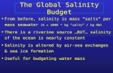 The Global Salinity Budget From before, salinity is mass salts per mass seawater (S = 1000 * kg salts / kg SW) There is a riverine source …BUT… salinity.