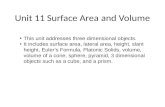 Unit 11 Surface Area and Volume This unit addresses three dimensional objects. It includes surface area, lateral area, height, slant height, Eulers Formula,
