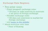 Exchange Rate Regimes Two polar cases –Fixed (pegged) exchange rates CB buys or sells reserves to maintain a set price of foreign exchange –Flexible exchange.