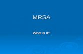 MRSA What is It?. MRSA Methicillin-resistant staphaureus (MRSA) Methicillin-resistant staphaureus (MRSA) Caused more than 94,000 life-threatening infections.