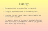 Energy Energy supports activities of the human body. Energy is measured either in calories or joules. Energy in our diet mainly comes from carbohydrate,