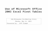 Use of Microsoft Office 2003 Excel Pivot Tables ASQ Milwaukee Pre-Meeting Clinic Monday, May 21, 2012 Presented by: Jeff Stumpe.