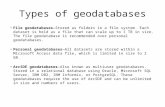 Types of geodatabases File geodatabases—Stored as folders in a file system. Each dataset is held as a file that can scale up to 1 TB in size. The file.
