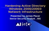 Hardening Active Directory Windows 2000/20003 Network Infrastructure Presented by: James Placer Senior Security Analyst, ISG.