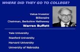 WHERE DID THEY GO TO COLLEGE? University of Nebraska Value Investor Billionaire Chairman, Berkshire Hathaway Warren Buffett Yale University Harvard University.