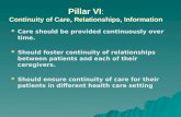 Pillar VI : Continuity of Care, Relationships, Information  Care should be provided continuously over time.  Should foster continuity of relationships.