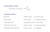 Carboxylic acids: R-COOH, R-CO 2 H, Common names: HCO 2 Hformic acidL. formica ant CH 3 CO 2 Hacetic acidL. acetum vinegar CH 3 CH 2 CO 2 Hpropionic acidG.