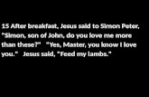 15 After breakfast, Jesus said to Simon Peter, "Simon, son of John, do you love me more than these?" "Yes, Master, you know I love you." Jesus said, "Feed.