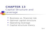 13-1 CHAPTER 13 Capital Structure and Leverage Business vs. financial risk Optimal capital structure Operating leverage Capital structure theory.