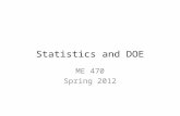 Statistics and DOE ME 470 Spring 2012. We will use statistics to make good design decisions! We will categorize populations by the mean, standard deviation,