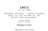 CREIS 23 mai 2008 Réseaux sociaux : quels risques pour la vie privée et les droits des personnes Vincent DUFIEF Avocat à la Cour Département Droit pénal.