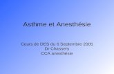 Asthme et Anesthésie Cours de DES du 6 Septembre 2005 Dr Chassery CCA anesthésie.