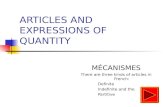 ARTICLES AND EXPRESSIONS OF QUANTITY MÉCANISMES There are three kinds of articles in French: Definite Indefinite and the Partitive.