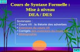 Cours de Syntaxe Formelle : Mise à niveau DEA / DES Sommaire : Cours VII : la théorie des adverbes Exercices du cours VIIExercices du cours VII Corrigés.
