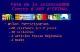 Fête de la science2008 Centre dAMP dEPINAL Bilan Participation –80 visiteurs sur 2 jours –30 scolaires –4 articles Presse Régionale –2 Radio.