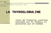 LA THYROGLOBULINE Mai 2008 Service de médecine nucléaire, CHU de Rabat Cours de formation continue présidée par Pr BenRais et présentée par Dr Haddam.