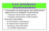 Les analyses multivariées Connaître et distinguer les différentes approches danalyse multivariée – lanalyse factorielle exploratoire – lanalyse factorielle.