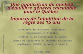Une application du modèle d’équilibre général calculable pour le Québec Impacts de l’abolition de la règle des 15 ans Ministère des Finances, Politiques.
