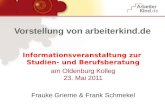 Vorstellung von arbeiterkind.de Informationsveranstaltung zur Studien- und Berufsberatung am Oldenburg Kolleg 23. Mai 2011 Frauke Grieme & Frank Schmekel.