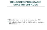 RELAÇÕES PÚBLICAS E SUAS INTERFACES Disciplina: teoria e técnica de RP Graduandos:Pedro, Júlio,João, Lucas, Marcelo.