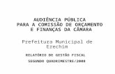AUDIÊNCIA PÚBLICA PARA A COMISSÃO DE ORÇAMENTO E FINANÇAS DA CÂMARA Prefeitura Municipal de Erechim RELATÓRIO DE GESTÃO FISCAL SEGUNDO QUADRIMESTRE/2008.