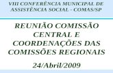 REUNIÃO COMISSÃO CENTRAL E COORDENAÇÕES DAS COMISSÕES REGIONAIS 24/Abril/2009 VIII CONFERÊNCIA MUNICIPAL DE ASSISTÊNCIA SOCIAL - COMAS/SP.