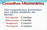 Conselhos Missionários São organismos presentes nos vários âmbitos da Igreja: Paroquial - Comipa Diocesano - Comidi Regional - Comire Nacional - Comina.