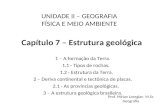 Capítulo 7 – Estrutura geológica 1 – A formação da Terra. 1.1 - Tipos de rochas. 1.2 - Estrutura da Terra. 2 – Deriva continental e tectônica de placas.