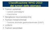 Classificazione WHO 2010 dei tumori dello stomaco Tumori epiteliali –Lesioni premaligne –Carcinoma Neoplasie neuroendocrine Tumori mesenchimali –Tumore.