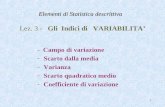 1 Lez. 3 - Gli Indici di VARIABILITA - Campo di variazione -Scarto dalla media -Varianza -Scarto quadratico medio -Coefficiente di variazione Elementi.