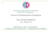 Università degli Studi di Perugia Facoltà di Ingegneria MERCATO DELLENERGIA CERTIFICATI BIANCHI e CERTIFICATI VERDI Corso di Pianificazione Energetica.