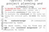 Typical steps in project planning and scheduling To identify the tasks, their durations and their relations (pre-requisite, causal, etc.) To evaluate consistency.
