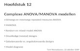 Hoofdstuk 12 Complexe ANOVA/MANOVA modellen • Eénwegs en meerwegs repeated measures ANOVA • MANOVA • Random en mixed-model ANOVA • Onvolledige (nested)