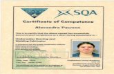 SQA Professional Diving Academy Certificate of Competence- Underwater Burning and Welding Fabricator  - Alexandra KH Pawson issued 26 September 2014 Cert # UBW/1260