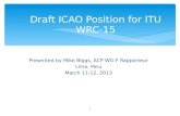 Presented by Mike Biggs, ACP WG-F Rapporteur Lima, Peru March 11-12, 2013 Draft ICAO Position for ITU WRC-15 1.