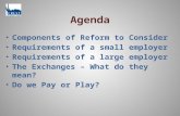 Agenda Components of Reform to Consider Requirements of a small employer Requirements of a large employer The Exchanges – What do they mean? Do we Pay.