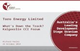 Richard Yeeles 23 October 2014 Australia’s Leading Development Stage Uranium Company Toro Energy Limited What’s Down the Track? Kalgoorlie CCI Forum.